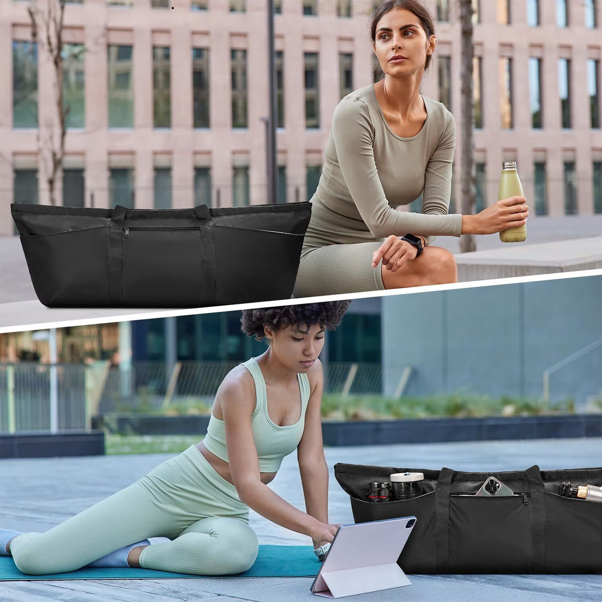 Yoga Mat Tote Bag with Shoe Compartment and Wet Pocket - Black