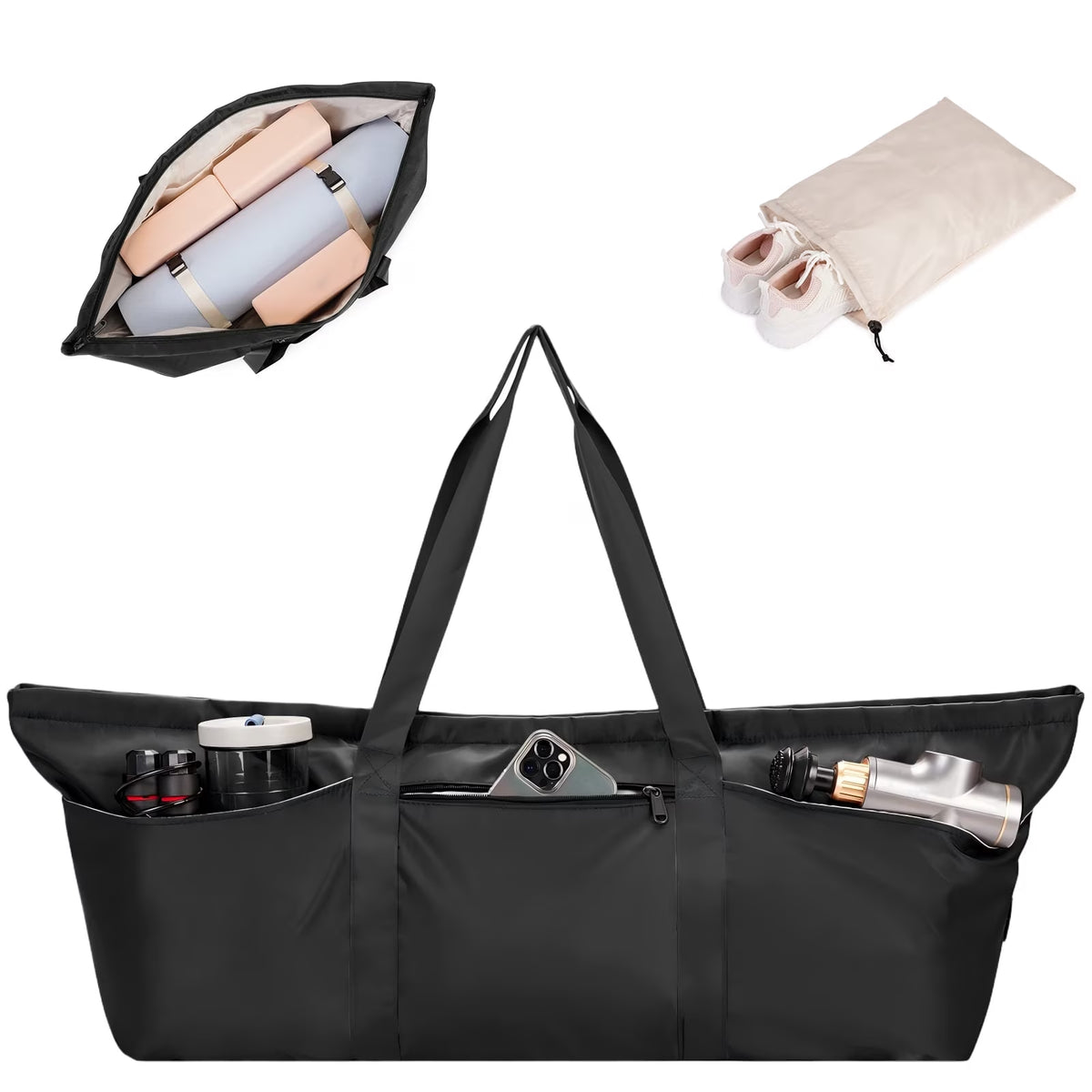 Yoga Mat Tote Bag with Shoe Compartment and Wet Pocket - Black