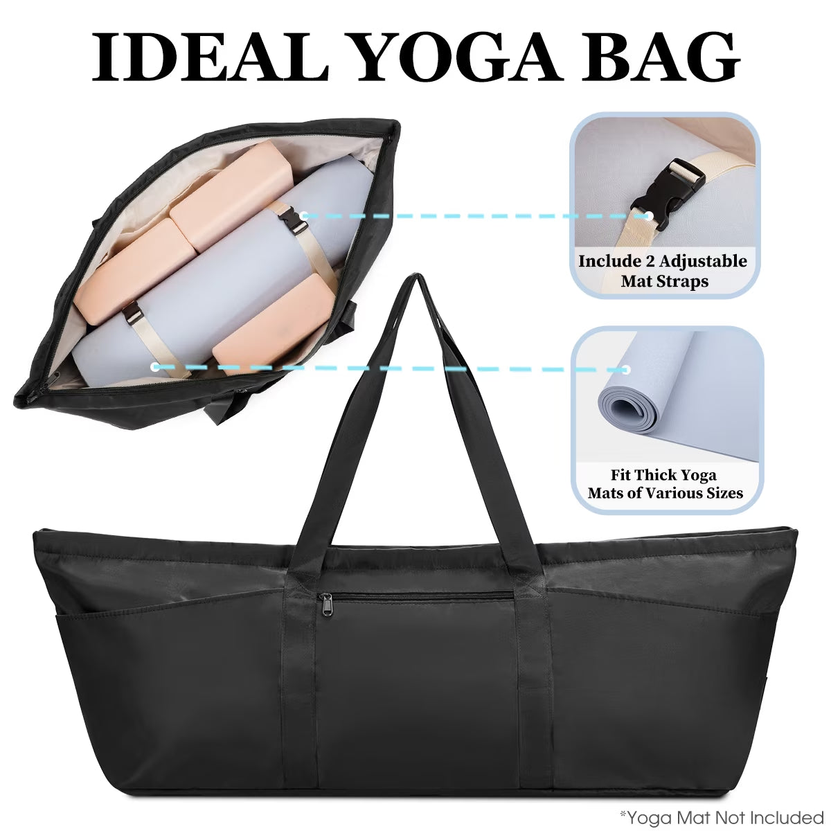 Yoga Mat Tote Bag with Shoe Compartment and Wet Pocket - Black