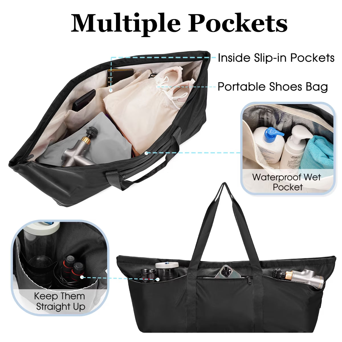 Yoga Mat Tote Bag with Shoe Compartment and Wet Pocket - Black